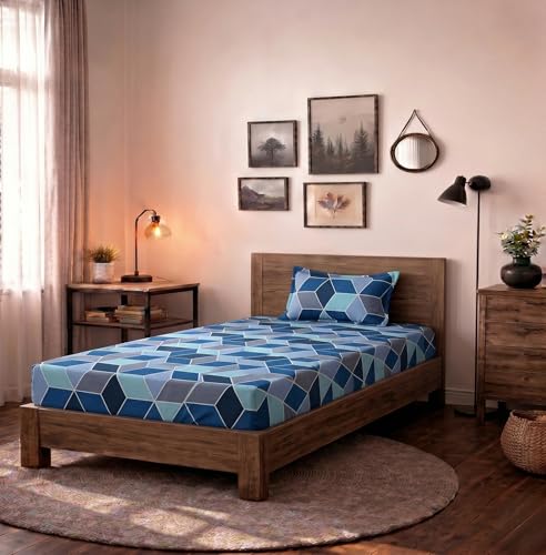Image of HOMEKART (110 TC & 110 GSM 100% Cotton Feel Bedsheet for Single Bed with One King Size Pillow Covers Soft /Breathable Wrinkel Free -60x90 Inches - (Dark & Blu)