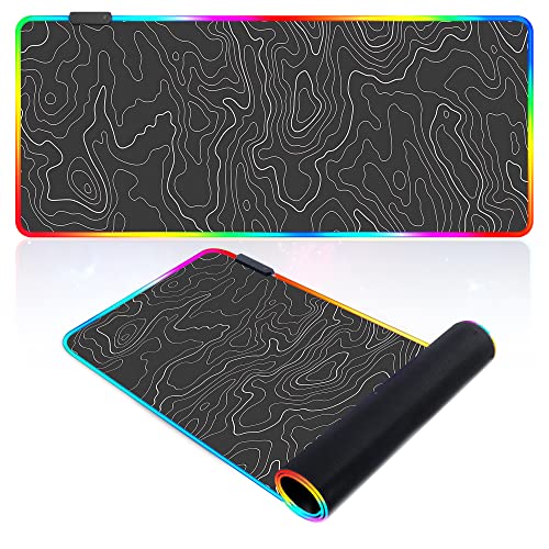RGB Gaming Mouse Pad,Extended Large Soft Topographic Mouse Pad with 14 Lighting Modes,Waterproof Computer Keyboard Mat 31.5×11.8 inches,Topo Map (C)