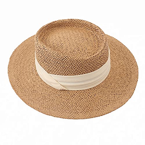 Summer Straw Sun Hat for Men Wide Brim Beach Cap Women Panama Fedora Outdoor Adjustable Sun Protective UV Hat, Beige
