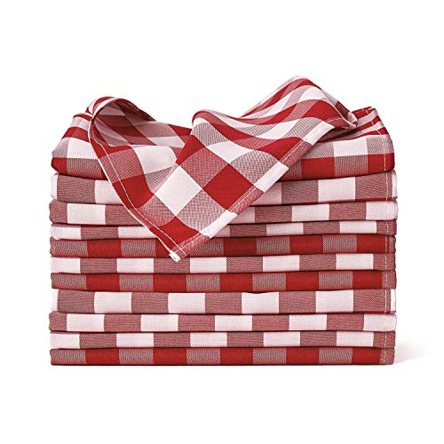 VEEYOO Cloth Napkins 17x17 inch - White & Red Napkins, Washable Polyester Dinner Napkins, 12 Napkins with Hemmed Edges, Checkered Stain Resistant Table Napkins for Wedding, Picnic,Party, Home Dinner