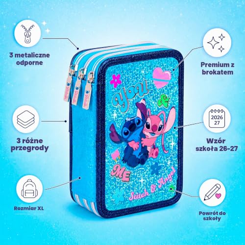 Pełny piórnik potrójny 3 przegródki 2025-2026 – Piórnik z 3 zamkami błyskawicznymi, Stitch & Angel Glitter Sparkle, Piórnik z 3 zamkami z cpmpletem akcesoriów