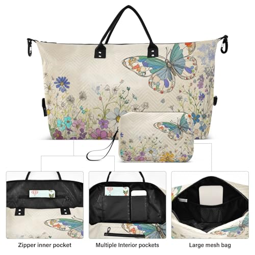 Florals Art Butterfly Travel Duffel Bag Gym Bag Sports Tote Bag with Multiple Interior Pockets Shoulder Weekender Bag for Women Men with Toiletry Bag 20.5”x 7.9”x 13.8”2
