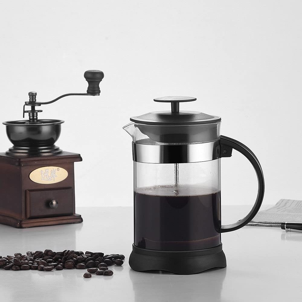 French Press Pot Stal nierdzewna Przezroczysta podwójna ściana Niełatwa do uszkodzenia Prasa do kawy z filtrem French Press Coffee Pot Łatwy do czyszczenia i użytkowania (Kolor: Czarny, Rozmiar: 350