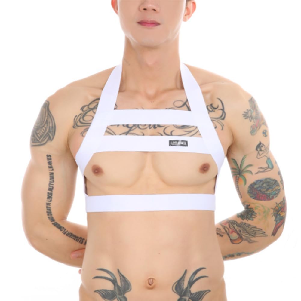 Xyffybhsd Men's White Elastic Chest Muscle Harness Belt Sexy Bondage Strap Gay Cosplay Night Clubwear (Size:one Size,Color:white)