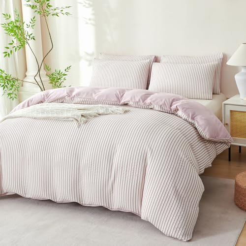 Image of Light Purple Striped Comforter Set Queen - 3 Pieces Bedding Comforter Set for All Season, Soft Lightweight Washed Microfiber, 1 Striped Comforter and 2 Pillowcases (Light Purple, Queen Size)