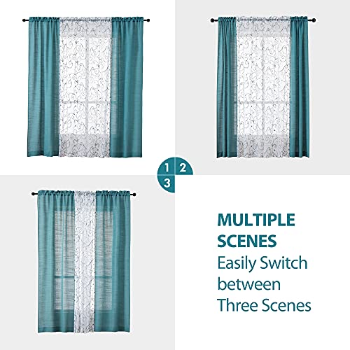 Aufenlly 2 Embroidery Floral Semi Sheer Curtains And 2 Burlap Teal Curtains For Window Curtains 4 Panels Sets Curtains For Living Room Curtains 84 Inches Long (Brittany Blue, W27.5Xl84 Inch Each) #TOP3