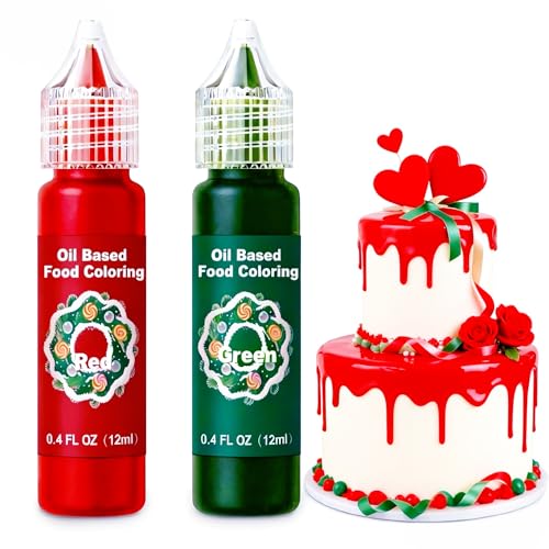 Oil Based Food Coloring for Chocolate - 2 Vibrant Valentine‘s Day Food Colors (Red, Green - 12ml (0.4floz) Bottles - Edible Dye for Baking, Cookies, Frosting &amp; Cake Decorating - Non-GMO,Vegan