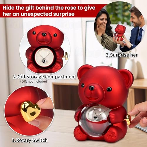 Image of Kidology Teddy Bear with Preserved Rose | Forever Flower Bear with Hidden Jewellery Box | Elegant Gift Box for Women, Romantic Gift for Valentine's Day (Without Necklace) (Red)