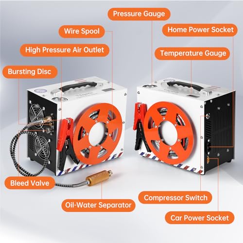 Image of PCP Air Compressor, Portable 4500 PSI /300 Bar Air Pump, supports 12V DC or 120V /220V AC, Auto-stop, oil-free /water-free design, for Paintball, Air Rifle, HPA Tanks