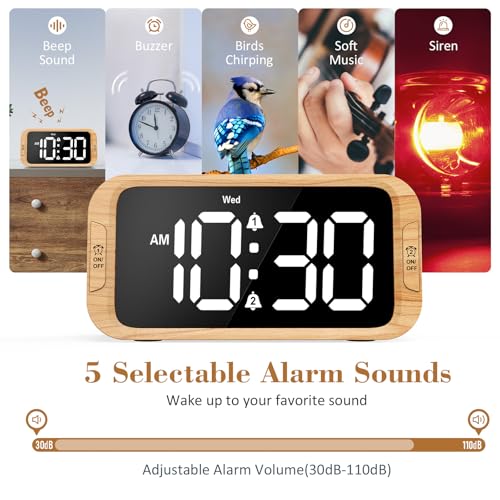 Image of Odokee Digital Dual Alarm Clock for Bedroom, 0-100% Dimmer, Weekday /Weekend Mode, Easy to Set, USB Charger, Adjustable Alarm Volume with 5 Alarm Sounds, Snooze, 12 /24Hr, Battery Backup (Wood Grain)