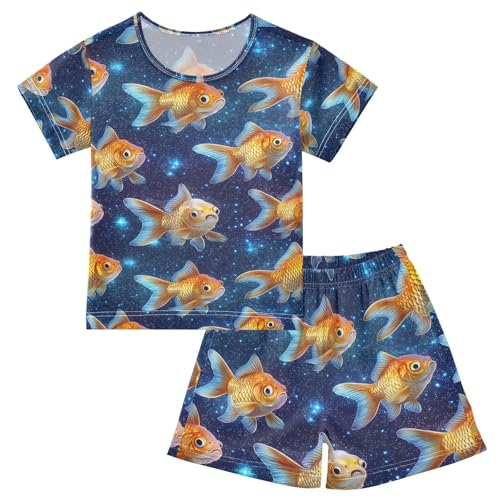 ALAZA Goldfish Galaxy Nebula Pajamas Set Short Sleeve Cotton Sleepwear Summer Pjs 2 Piece 5-14Y
