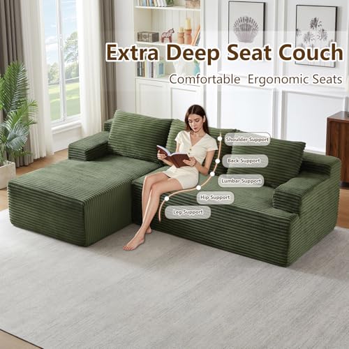 Image of 96.1 inch Modular Sectional Sofa Couches L-Shape Couch 3 Seat Modular Sofa Corduroy Memory Foam Sectional Boneless Couches for Living Room, Cloud Couch with Oversized Chaise(Green, Left Facing)