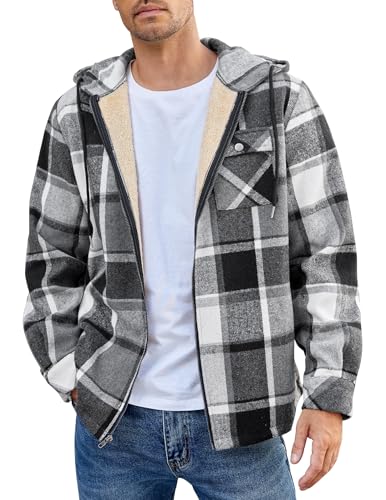 COOFANDY Men's Flannel Hooded Shirt Jacket Plaid Hoodie Zipper Sherpa Lined Winter Thermal Flannel Shirt Black White