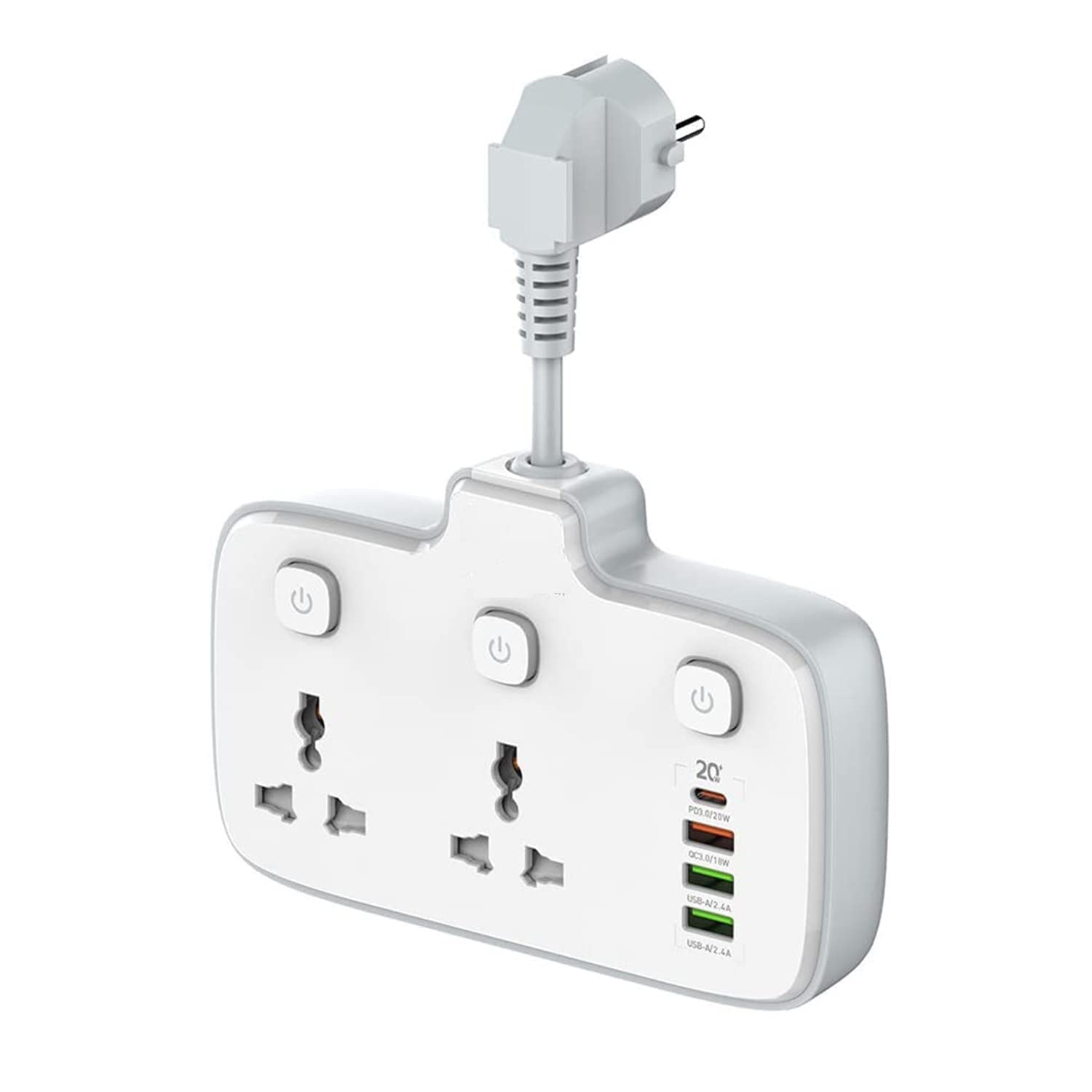 MYVN 2500W 10A Electric Outlet Extender USB Extension 2 Outlets 4 USB QC 3.0 Port, 20W Type C Fast USB Port Surge Protection, with Switch Multi Port Power Extension (White)-image-38