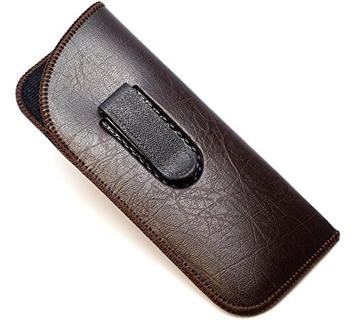 Calabria Estojo fino para óculos de sol com clipe de couro sintético macio marrom masculino feminino bolsa para óculos de sol
