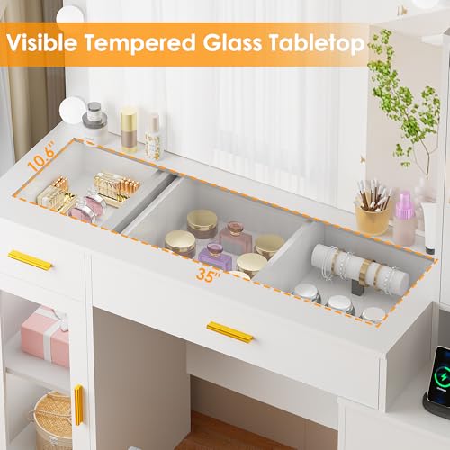 BEWISHOME 49.2" Large Vanity Desk with Mirror and Lights,White Makeup Vanity Table with Glass Top,Stool,Makeup Desk with Power Outlet,5 Drawers,Nightstand,Dressing Table for Bedroom Women FST34W