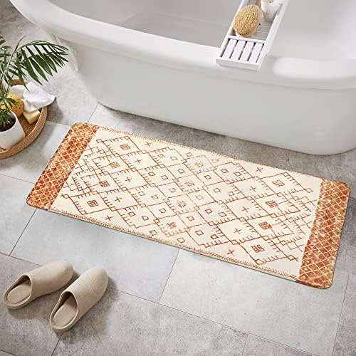 Uphome Bathroom Runner Rug 18x47 inch Long Boho Bath Mat Non-Slip Vintage Moroccan Farmhouse Orange Distressed Bath Rug Soft Velvet Machine Washable Bathroom Mats for Tub Sink Shower