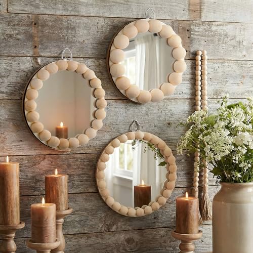 Novabright 3 Pcs Boho Mirror Wall Decor 4.72 Inch Small Round Circle Decorative Mirrors with Wood Bead Hanging Wall Art for Farmhouse Rustic Home Living Room Bedroom Bathroom Entryway