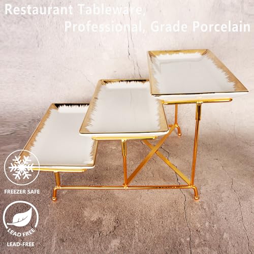 jinsongdafa 3-stöckiges Serviertablett-Set, Kommt mit 3 Stück 29 cm große Porzellan-Serviertabletts Und Goldrand, Stabiler Goldständer, Servieren für Partys, Speisenpräsentation, Obstdessert