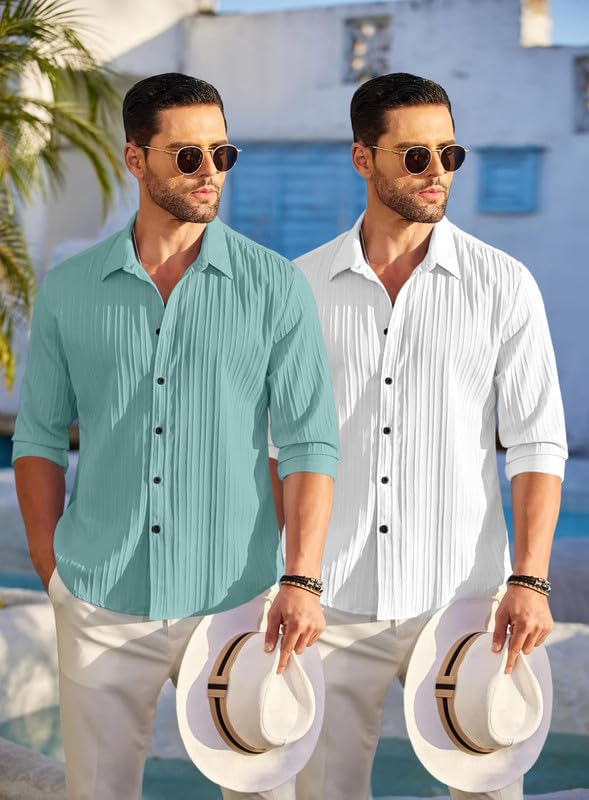Image of FINIVO FASHION Men's Cotton Blend Shirt Set Lightweight, Full Sleeves, Plain Texture, Button Closure, Summer Ready (Pack of 2)
