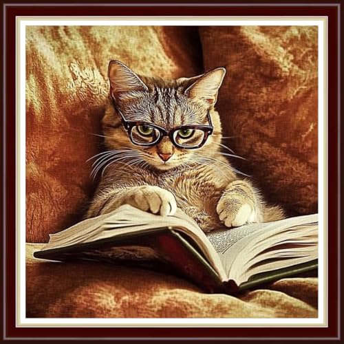 Image of Fanxvivy Stamped Cross Stitch Kits for Beginners Full Range of Cross Stitching Preprinted Embroidery Kits for Adults, 11CT Embroidery Pattern Needlepoint Kits- Cat Reading 18x18 inchs