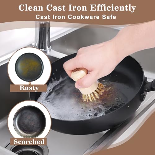 Image of Cast Iron Scrubber Cleaner with Brass Bristle, 3 Pack Natural Bamboo Handle Copper Scrubber Cleaner for Cast Iron Woks Skillets Pans Pots Table Top BBQ Grills