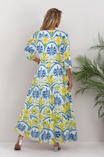 Image of Women Short Sleeve V Neck Floral Print Casual Bohemian Maxi Dresses