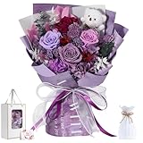 Emibele Día Madre Ramo Flores Preservadas Regalos para Mamá, Flores para Entrega Prime, Ramos Rosas Eternas Púrpuras Con Oso, San Valentin Cumpleaños Aniversario Regalos para Ella Mujeres Esposa Abuel