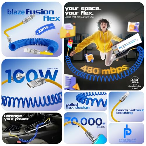 Image of Dubstep Fusion Flex 100W Coiled Type-C to Type-C Fast Charging Cable, 1.8M, 480Mbps Data, Knurled Metal Connector, Nylon Braided, PowerBlitz Technology (Blue & Yellow)