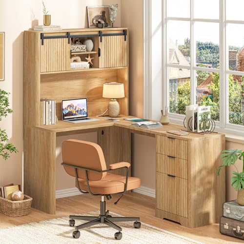 Farmhouse 68" L Shaped Fluted Desk with Hutch,Office Table with 3 Drawers and Sliding Doors, Executive Desk with File Drawers and Charging Station,Light Strip, Wood Workstation for Home Office,Oak