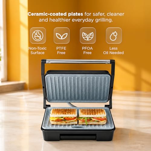 Image of Glen Press Grill Sandwich Maker | Heavy-Duty Ceramic Non-Stick Plates | PFOA & PTFE Free | Healthy Low-Oil Cooking | Non-Toxic Surface | Oil Collector Tray | Strong Safety Handle | 2-Year Warranty