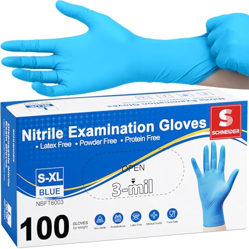Schneider Nitrile Exam Gloves - M, 100-ct Box, Medical Grade Blue Disposable Gloves Latex Free, Rubber Glove for Cleaning, Cooking, Food Prep