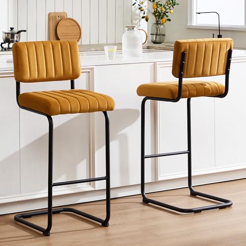 Image of ONEVOG 30 Inch Modern Bar Stools Set of 2, Upholstered Mid Century Modern Bar Height Stools Chairs with Tufted Cushion and Backs, Velvet Fabric Cantilever Barstools for Kitchen Island Pub