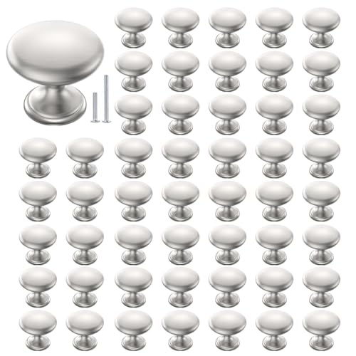 POZEAN Cabinet Knobs Brushed Nickel 50 Pack Cabinet Handles Drawer Knobs Solid Knobs Silver with Screws for Dresser Drawer Cabinet Cupboard - Modern Kitchen, Bedroom and Bathroom Hardware