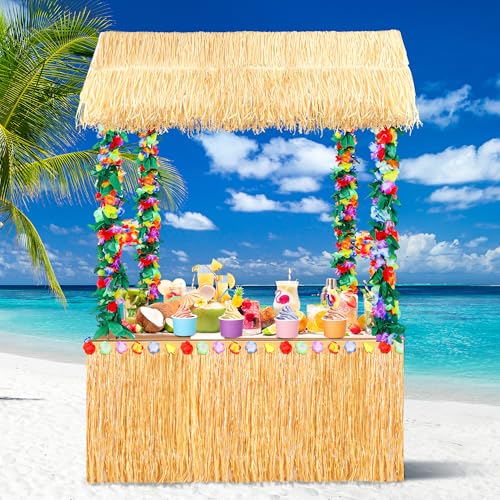 Fovths 7 Pcs Tiki Bar Hut Kit 53 x 22 x 55 Inch Hawaiian Bar Hut Hawaiian Party Decoration Kit with Straw Roof Grass Table Skirt Luau Party Flower Garland for Summer Luau Part Decorations
