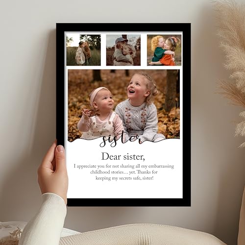 Image of Synthetic Wood Customized Best Gift Wall Mount With 4 Photo Collage Print & Customizable Text For Dear Sister, Gifts Rectangular Frame With Photo Upload For Rakhi (9.2X12.6 Inch),Black