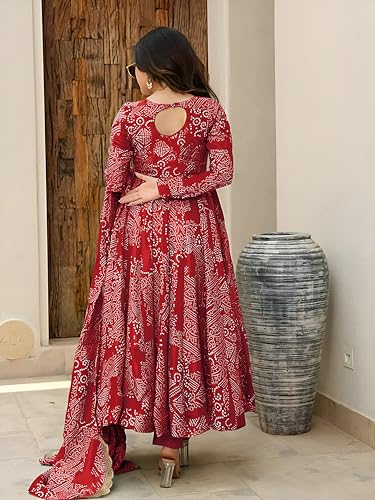 Image of Pinkmint Women's Bandhani Print Flared Anarkali Muslin Kurta Set with Pant & Stylish Dupatta Ethnic Long Sleeve Dress Suit Set