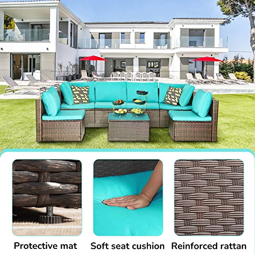 Image of PayLessHere Patio Furniture Set 7 Pieces Outdoor Furniture Wicker Conversation Set Sectional Sofa and Coffee Table Wicker Patio Conversation Sets for Backyard Porch Balcony Poolside,Blue Cushion