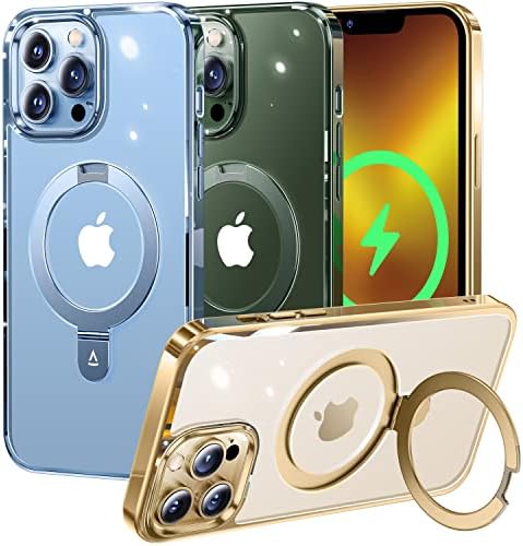 Alphex Invisible Stand Magnetic Case for iPhone 13 Pro Max [Look as Bare iPhone][Compatible with MagSafe] Military Grade Shockproof Matte Slim Phone Cover Ring Holder Women Men 6.7 inch, Gold