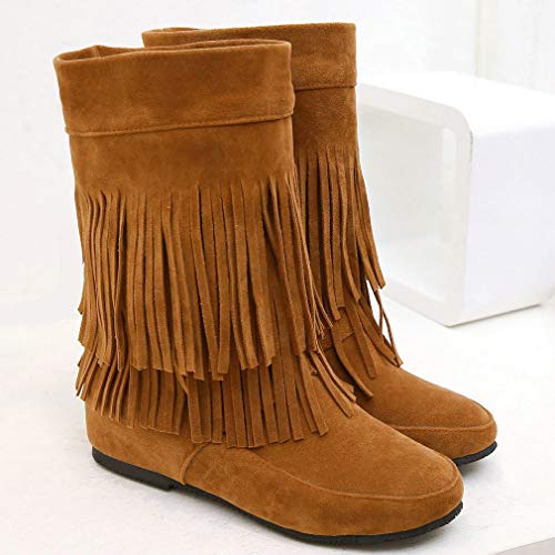 Caradise Womens Faux Suede 2 Layer Tassel Fringe Ankle Boots Flat Mid Calf Boots4