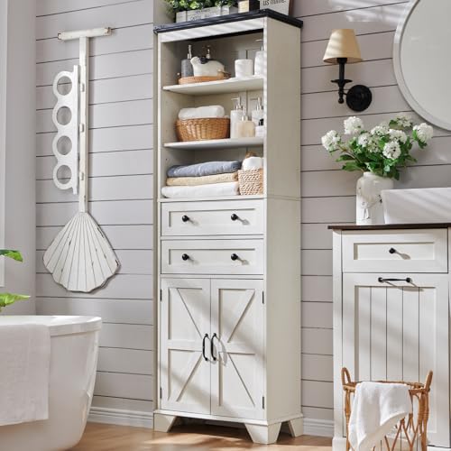 ACCOHOHO 72' Tall Bathroom Storage Cabinet, Farmhouse Storage Cabinet with 2 Drawers, Adjustable Shelves & Barn Door, Cabinet for Bathroom, Living Room, Kitchen, Off White