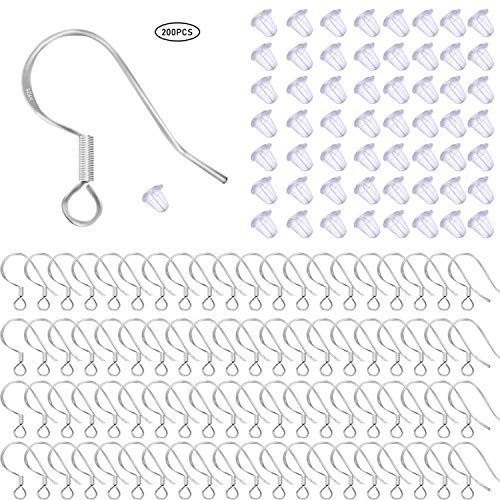 100 Pcs / 50 Pairs 925 Sterling Silver Earring Hooks Hook Ear Wires with 100 Pcs Clear Rubber Silicone Earring Safety Backs Stoppers for DIY Jewelry Making