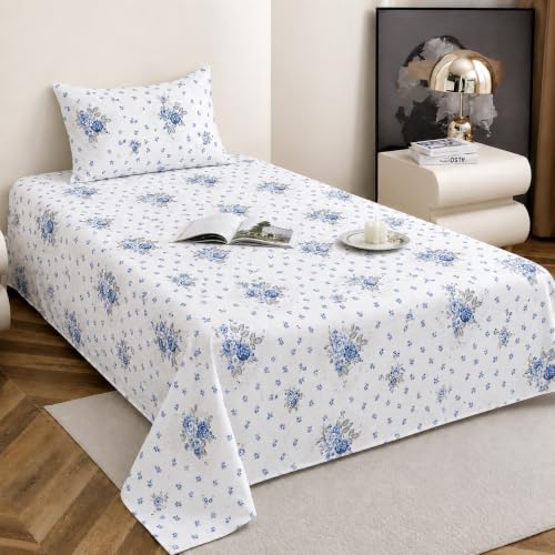 IVAZA 240 TC Soft Ezyption Floral Single Bed Sheet Cotton - Single bedsheet with 1 Pillow Cover Hypoallergenic, Brethable, (Size- 60 x 90 Inch Blue White Flower