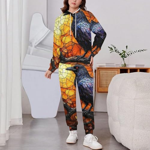 Boys Girls Sweatshirt Pullover Hoodie & Pants Kid Active Sweatsuit Tracksuit, Mysterious Crow Stained Glass Art2
