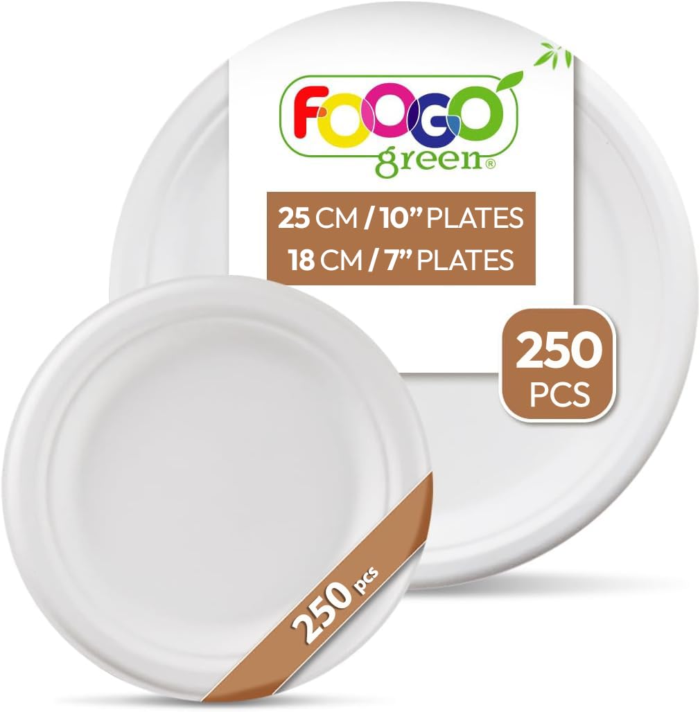 FOOGO Green 500pcs Disposable Sugarcane Fibre Strong Paper Plates Set