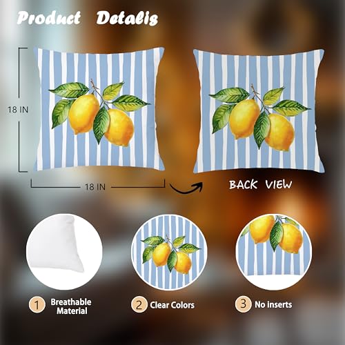 Image of Blue and Yellow Summer Italian Mediterranean Amalfi Coast Lemon Pillow Cover Decor 18x18,Italian Striped Decorative Throw Pillow Cover Decor for Couch Double-Sided