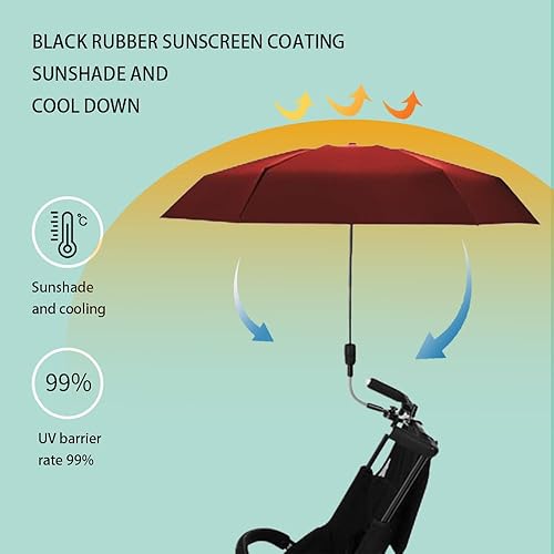 Miniatura 5 de Parasol para cochecito universal con clip, ángulo de dirección ajustable, marco de paraguas reforzado, compacto y ligero, adecuado para todo tipo de