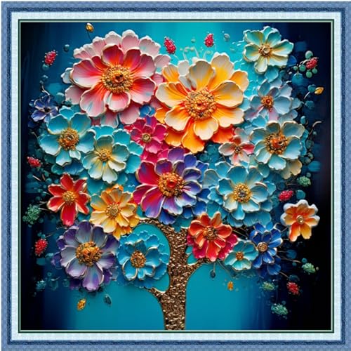 Image of Foxdiviy Stamped Cross Stitch Kits Full Range of Embroidery Needlework Starter Kits for Beginners Adults 11CT Embroidery Patterns Art Crafts DIY Needlepoint Kits-Colorful Flowers 18x18 inch