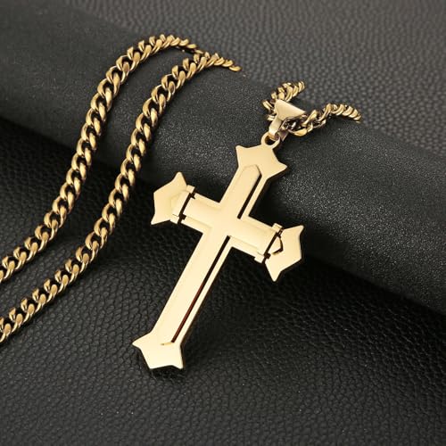 HZMAN Large Cross Necklace for Men High Polished Stainless Steel Heavy Oversize Cross Pendant Christian Faith Jewelry Gift 7mm Cuban Chain3