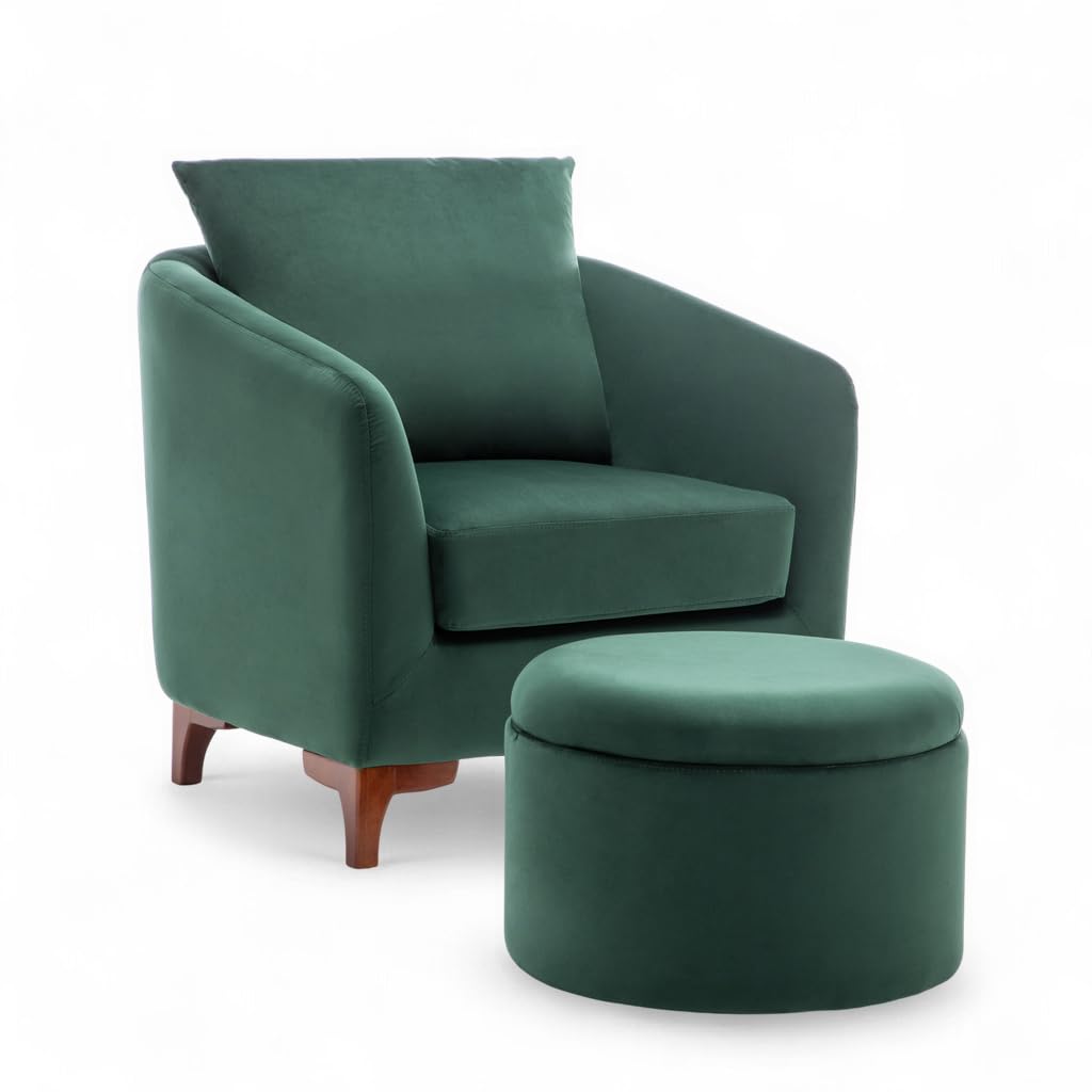 Bottle Green Velvet Tub Chair with Footstool and Cushion - Comfy Armchair with Wooden Legs for Reading, Relaxing and Guests, Small Bucket Chair for Living Room, Waiting Room and Corner Nook - ANGELA